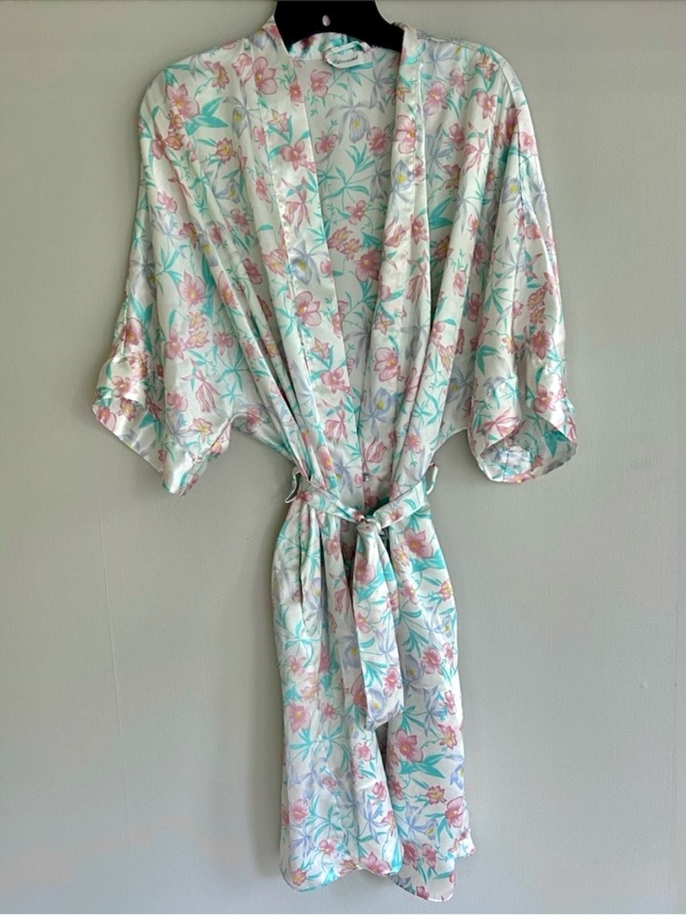 Vintage Pastel Botanical Satin Kimono Robe Cottagecore Whimsy Romantic Bridal OS - Picture 3 of 12